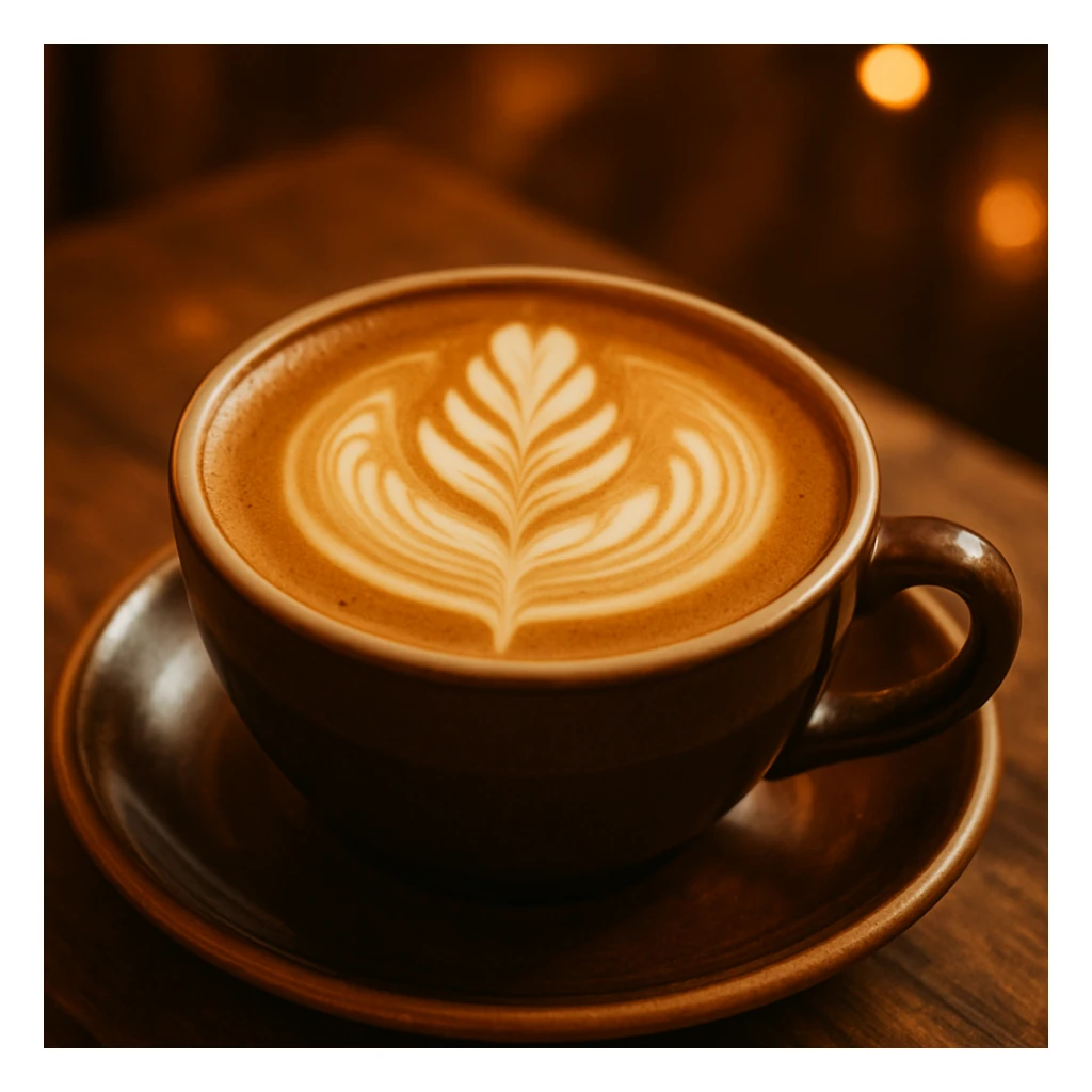 a beautiful coffee latte with a leaf latte art design, warm and inviting atmosphere sticker