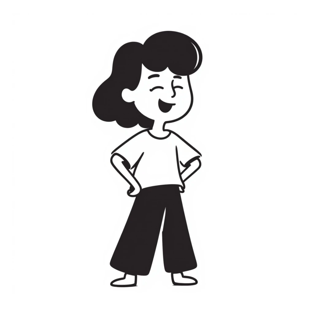 girl smiling, hands on hips, hand-drawn doodle style sticker