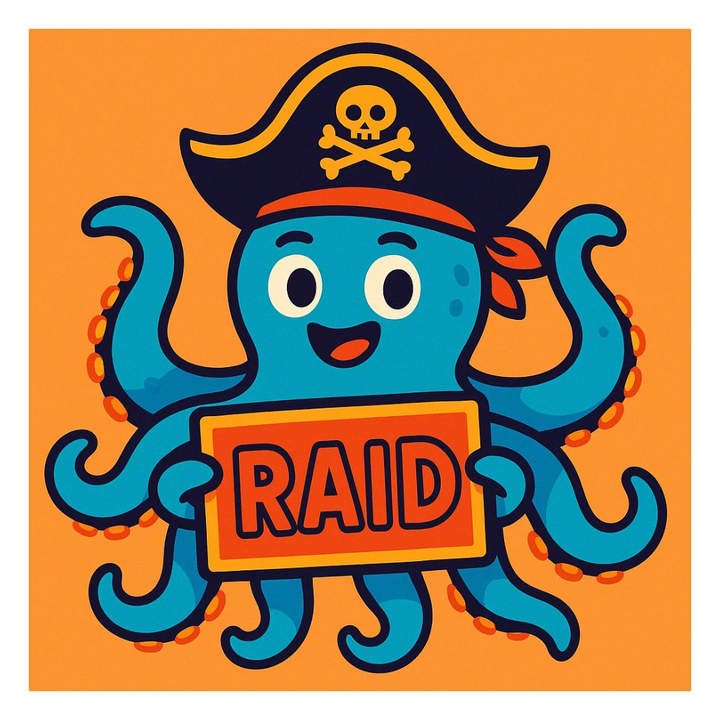 a blue octopus with a pirate hat, holding a RAID sign, playful, colorful style, vibrant and fun sticker