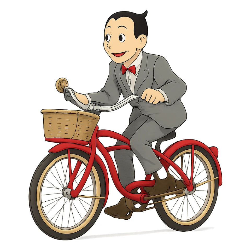 ghibli style Pee-wee Herman on a red bicycle sticker