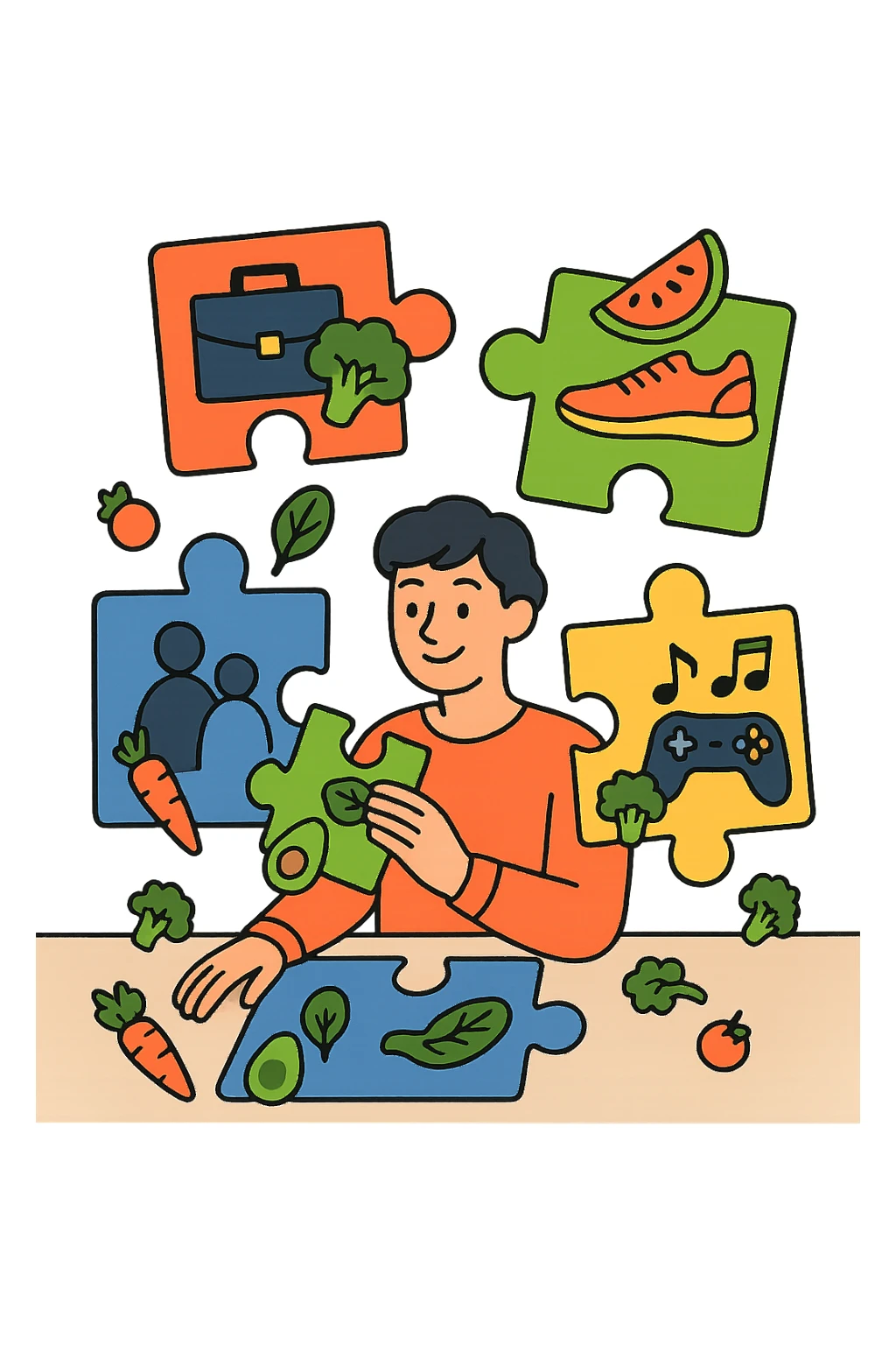 a person is surrounded by puzzle pieces, each representing a different aspect of their life (work, exercise, family, leisure), and healthy foods are integrated into each piece. The person assembles the puzzle, creating a complete, personalized nutrition plan. The mood is uplifting and creative. in italiano sticker