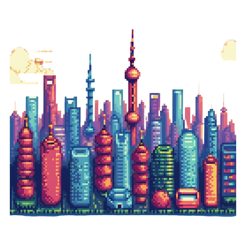Shanghai city skyline, pixel art style, retro video game look, bright colors sticker