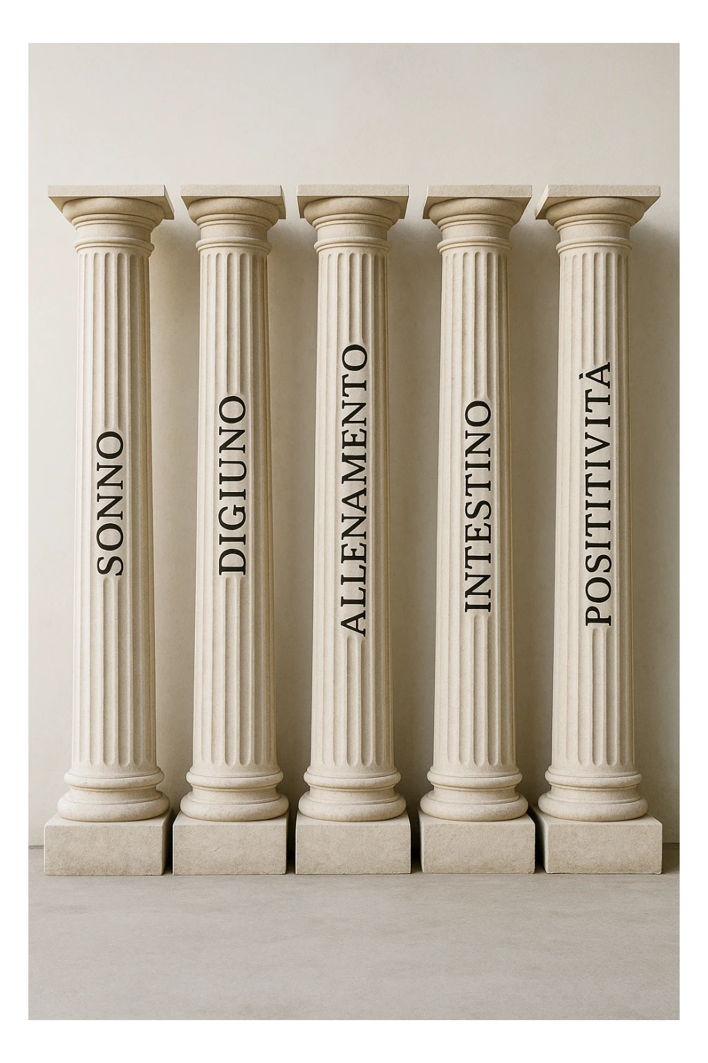 5 pilastri con le scritte "SONNO", "DIGIUNO", "ALLENAMENTO", "INTESTINO", "POSITIVITà" IMMAGINE IPERREALISTICA SFONDO CHIARO IN ITALIANO sticker