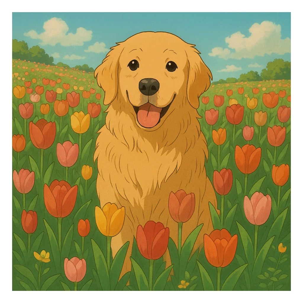 golden retriever surrounded by tulips in ghibli style sticker