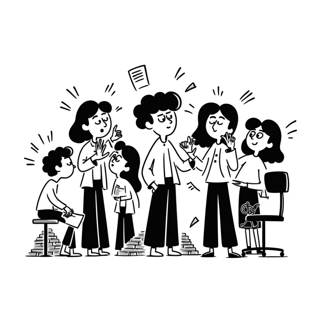 Messy group of confused teammates with mixed expressions and chaos sticker