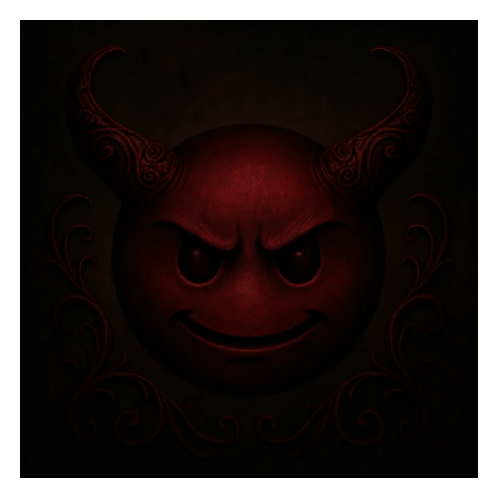 devil emoji, gothic style, dark red, ornate horns, elegant and sinister, moody atmosphere sticker