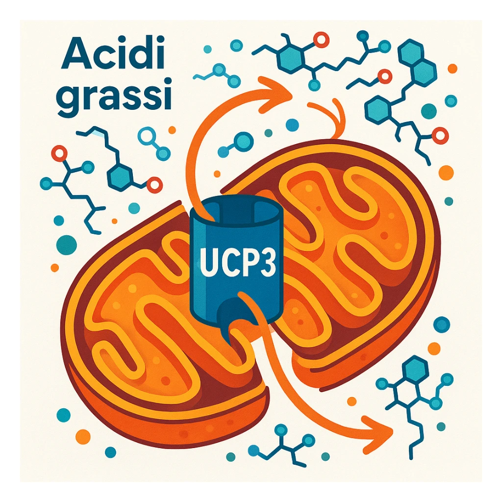 modern illustration in ChatGPT style showing the UCP3 protein transporting fatty acids inside a stylized mitochondrion, molecular details, arrows showing the path of fatty acids, vivid colors, educational atmosphere, Italian text, white background sticker
