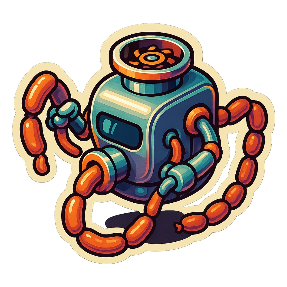 sausage-processing droid. retro-futuristic style. top is a circular industrial hole rotating gears and blades. Two robotic arms feed material into grinder. Sausage links extrude from the rear like  factory. The body is metallic, compact, and floats above the ground.no legs. Dark humor sticker