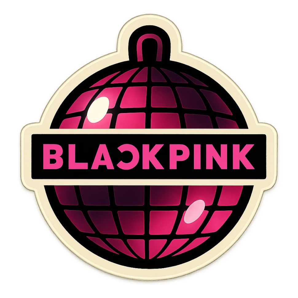 Add a BLACKPINK logo to this retro sticker style disco ball, keeping the playful, bold, and vibrant look. sticker