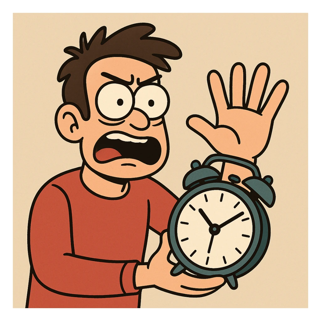 person holding a clock in one hand, counting to five with the other hand, clear and bold style sticker
