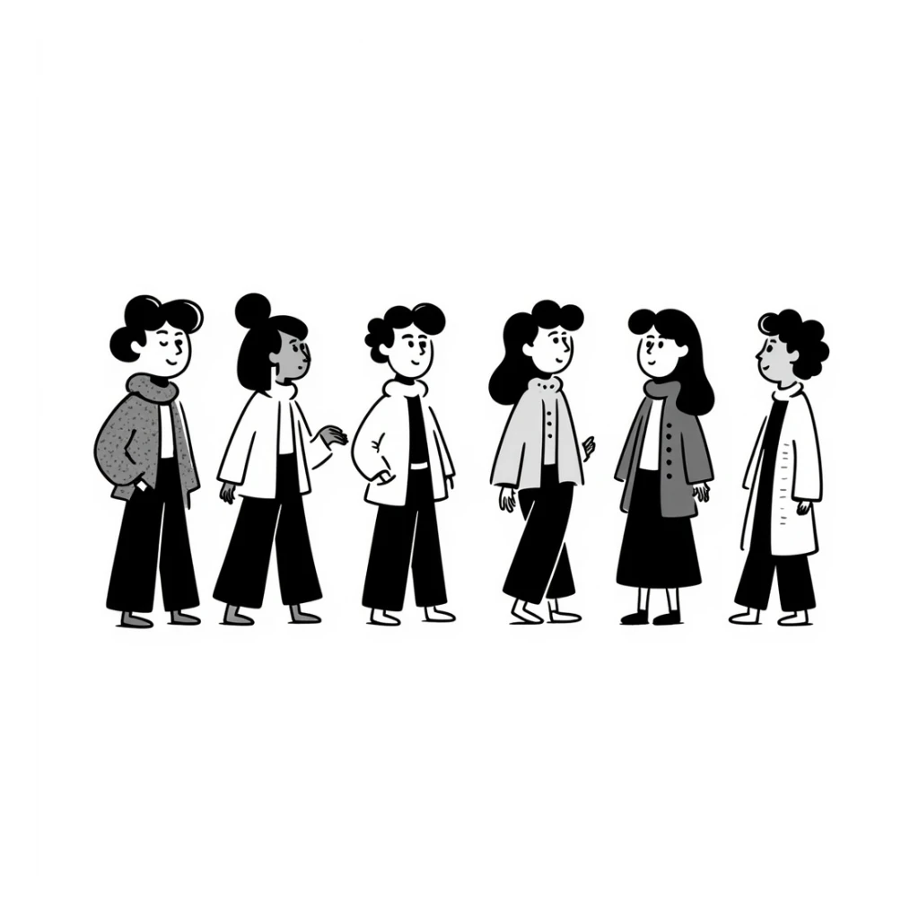 a line of people, hand-drawn doodle style sticker