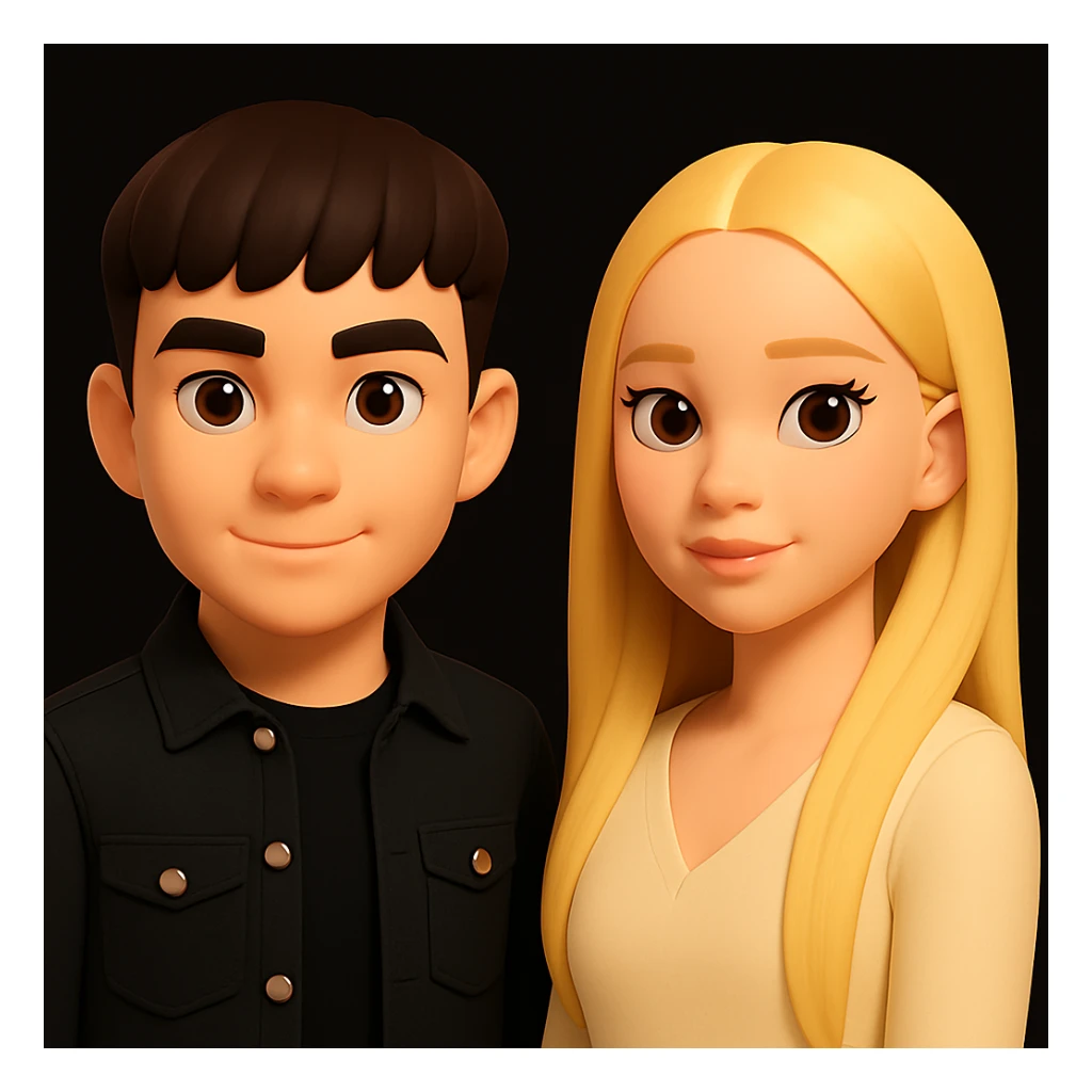 Increase the space between the guy and the girl, moving them slightly apart from each other, without changing anything else. Maintain the 3d-emoji style look in the edit. sticker