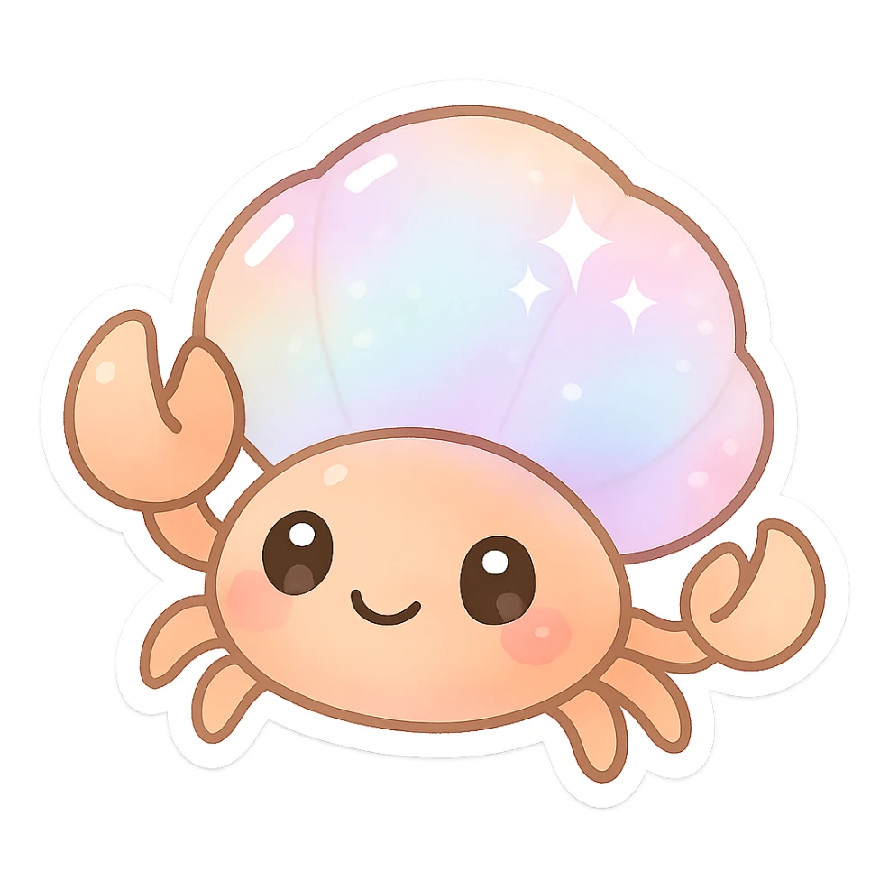 adorable crab with pearly pastel shell, shimmering effect, big eyes, minimal background sticker