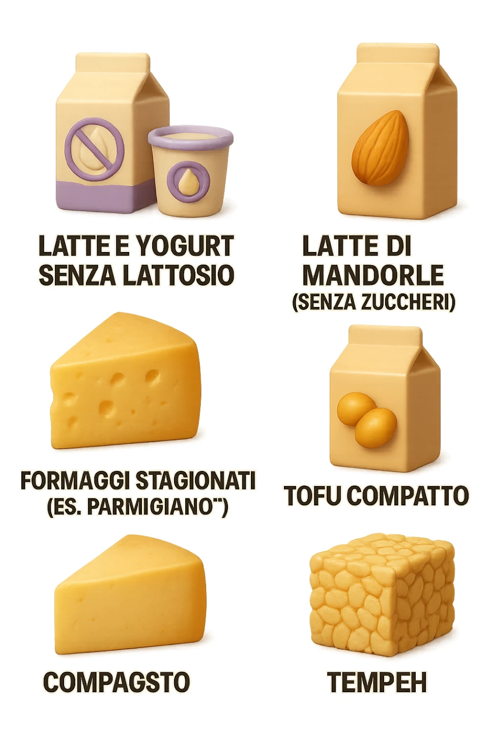 emoji stile iphone 3d di questi elementi che fluttuano in aria:

Latte e yogurt delattosati
Latte di mandorla (non zuccherato)
Latte di soia da proteine isolate
Formaggi stagionati (es. parmigiano)
Tofu compatto e tempeh
 che fluttuano in aria,  le etichette scrivile in italiano, iperealistico 4k sticker