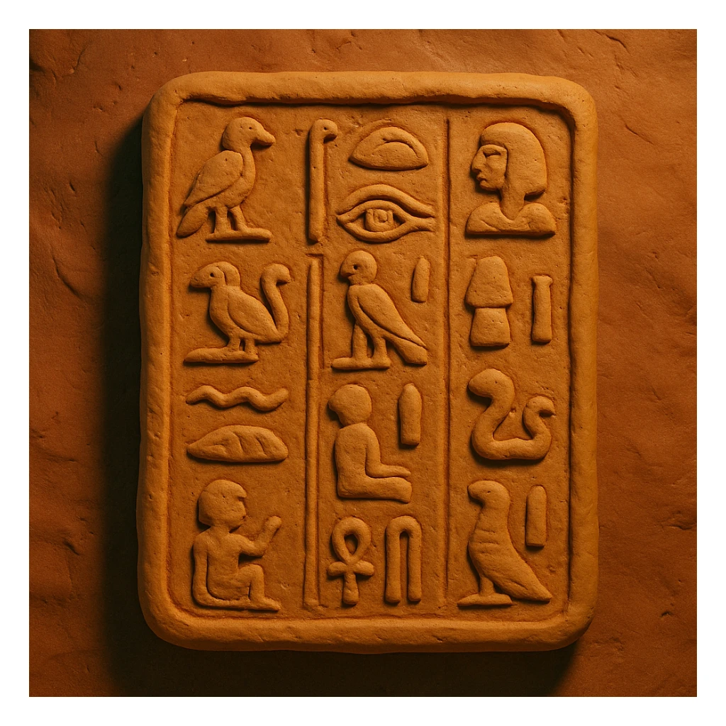 a clay tablet with ancient Egyptian hieroglyphics, detailed carvings, warm earthy tones sticker