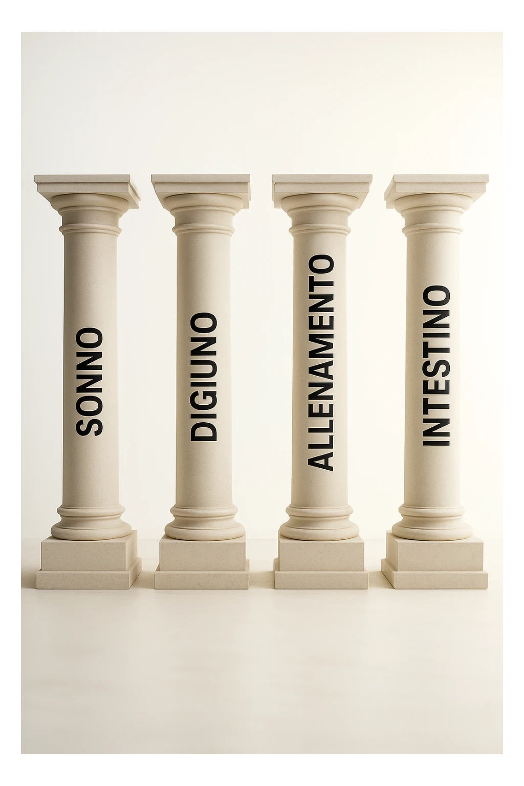 5 pilastri con le scritte "SONNO", "DIGIUNO", "ALLENAMENTO", "INTESTINO", IMMAGINE IPERREALISTICA SFONDO CHIARO IN ITALIANO sticker