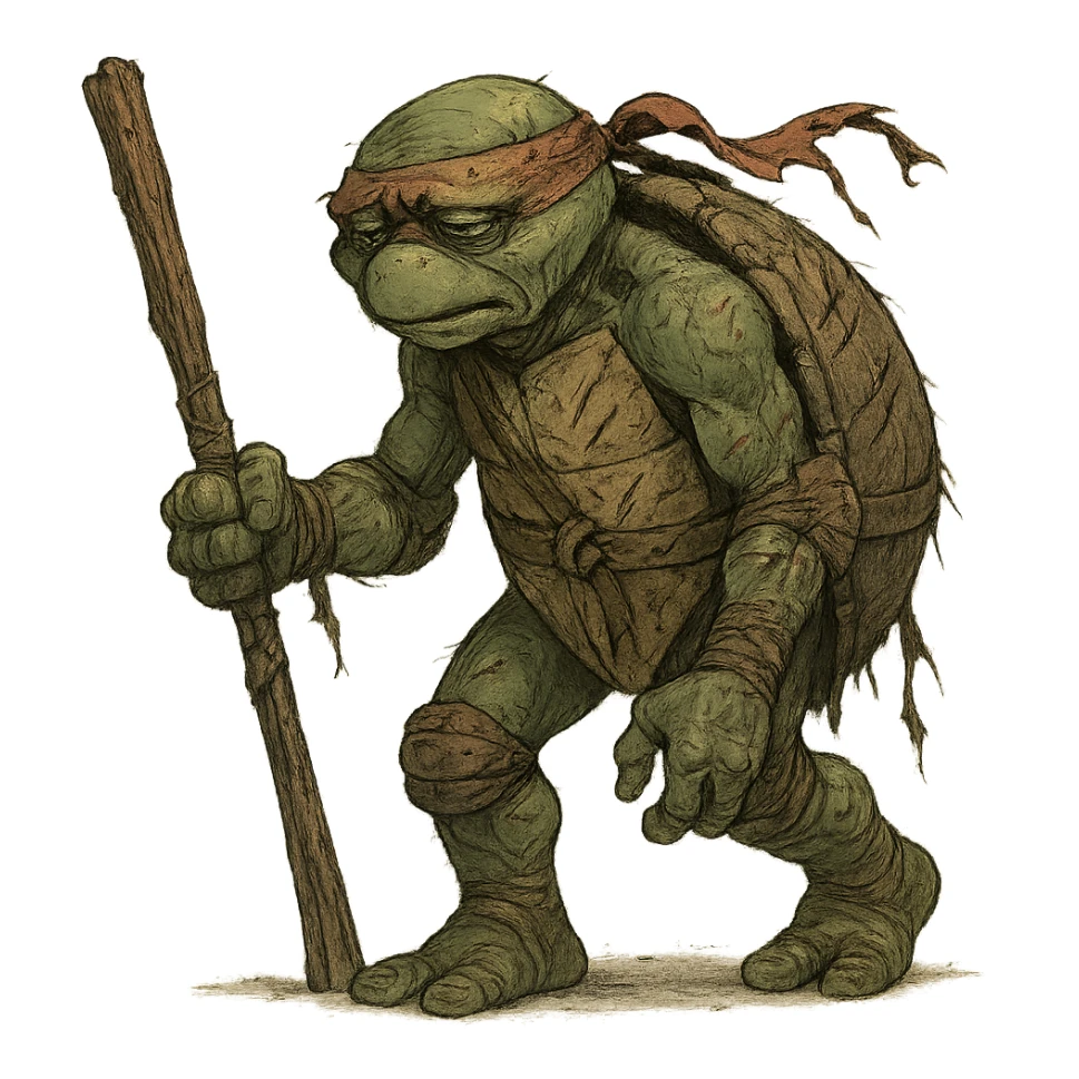 elderly ninja turtle, shell with deep scratches, ripped bandana, tired eyes, limping, holding a damaged staff, clearly just fought sticker