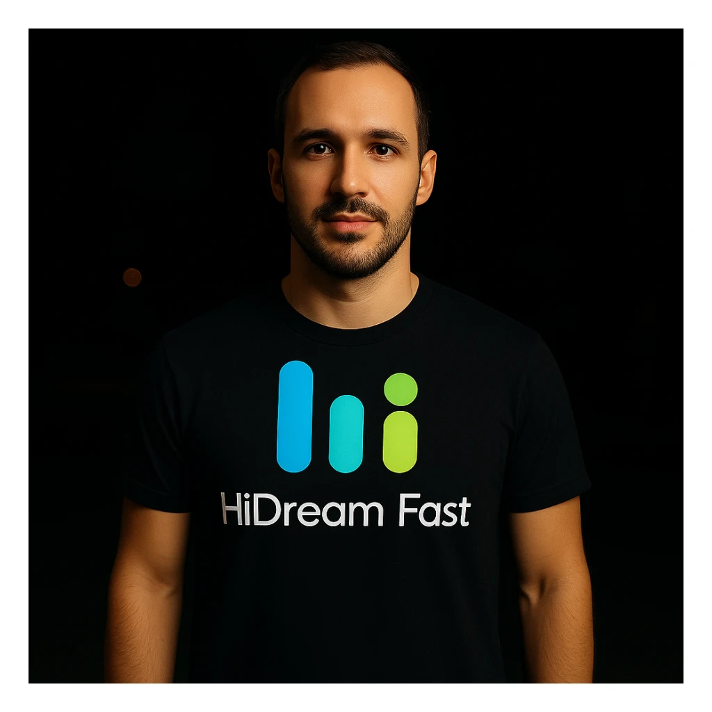 man wearing tshirt with this logo, dark night background with dim , add fast below logo, make man fit into image, add fast insead pf the dev keep rest same sticker