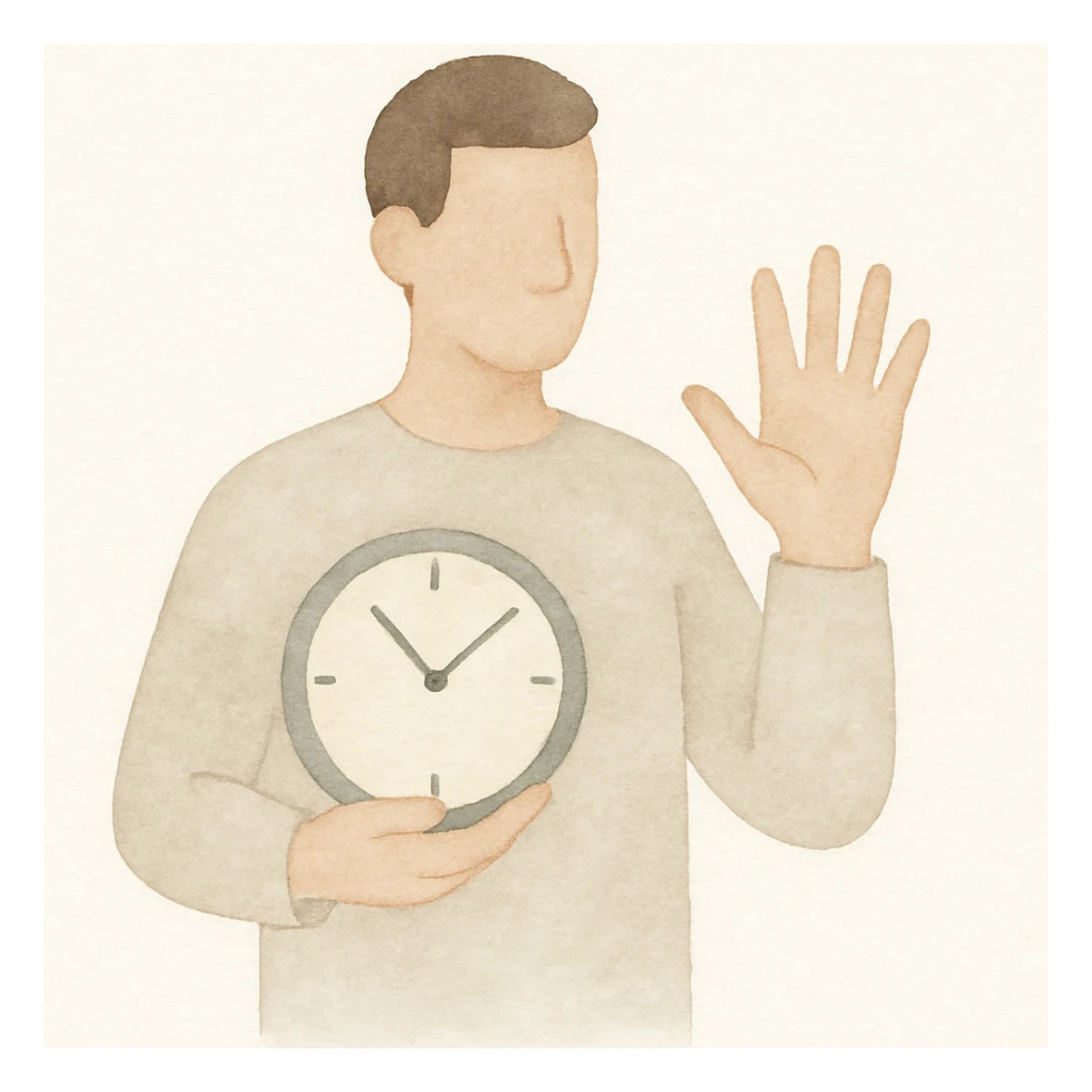 man holding a clock in one hand and counting to five with the other, clear gesture, expressive, simple background sticker