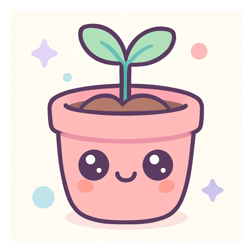 a pot with a sprout, simple smile on the pot, kawaii cute style sticker