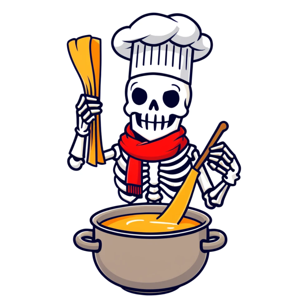 Papyrus from Undertale cooking spaghetti, tall skeleton with red scarf and white armor, enthusiastically stirring pasta in a pot, chef hat sticker