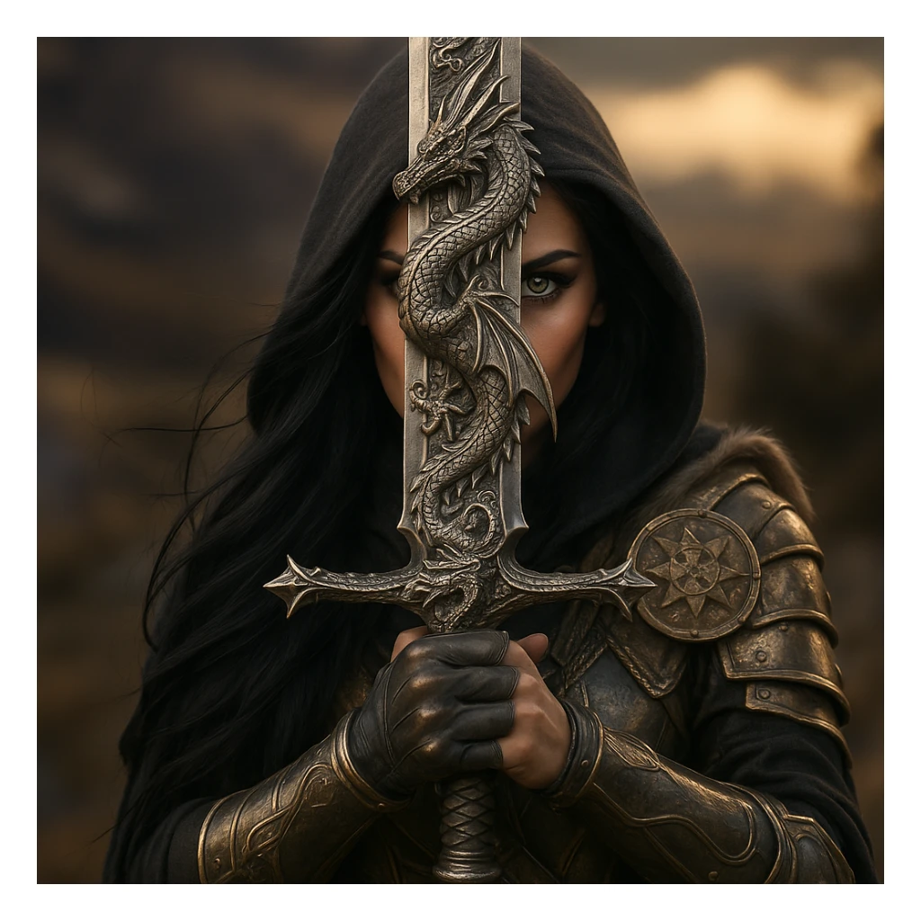 Add a detailed dragon motif to the sword, keeping a realistic metallic style. The dragon design should be intricately integrated on the hilt or blade, emphasizing realism and metallic texture. sticker