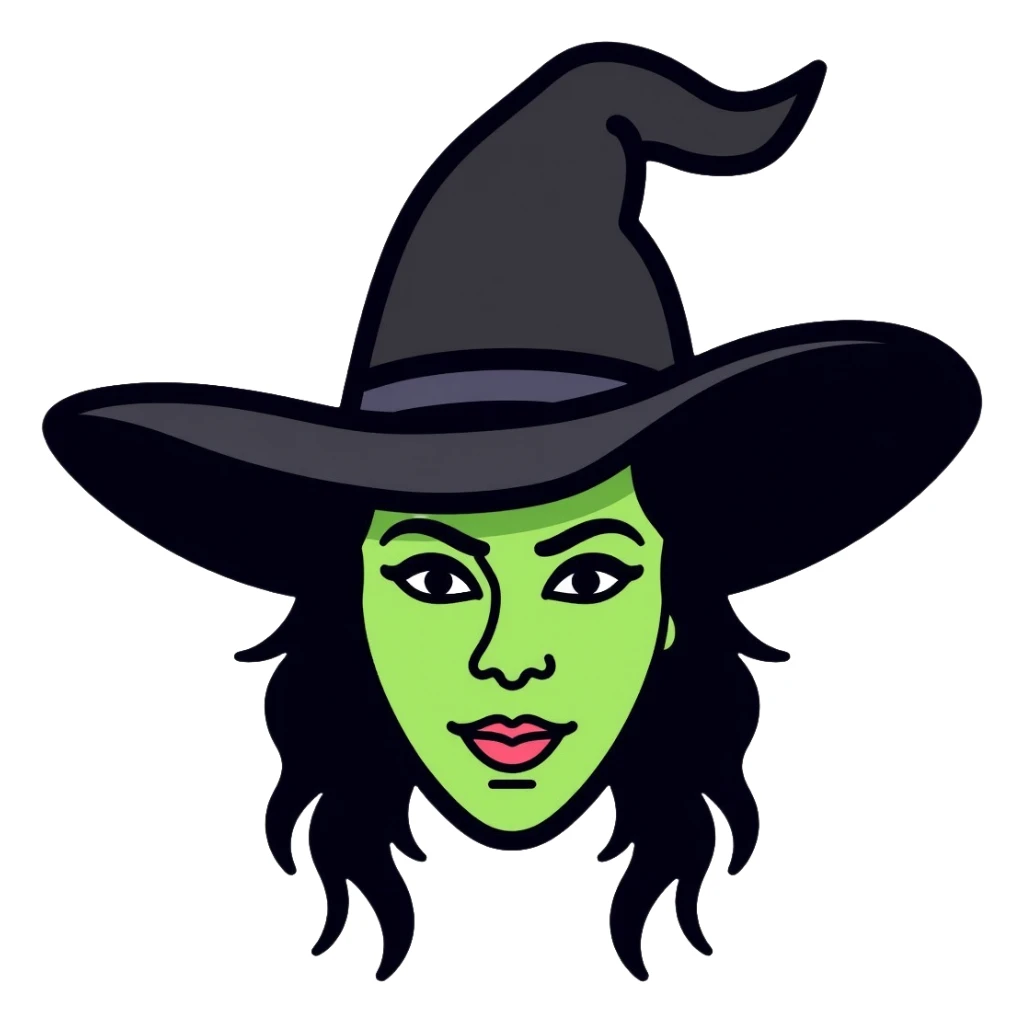 Elphaba witch face with green skin and black hat sticker