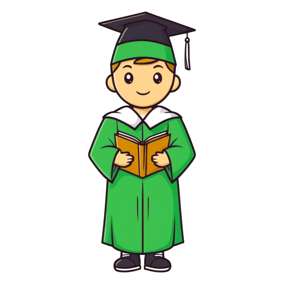 High school graduate in a green gown and hat sticker