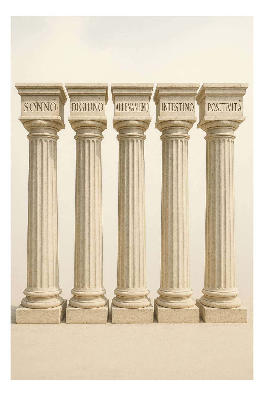 5 pilastri con le scritte "SONNO", "DIGIUNO", "ALLENAMENTO", "INTESTINO", "POSITIVITà" IMMAGINE IPERREALISTICA SFONDO CHIARO IN ITALIANO sticker