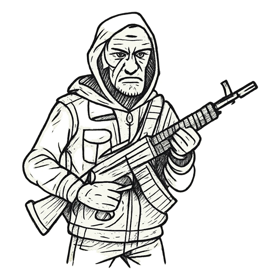 old skinny tough charismatic character from STALKER with a big machine gun sticker