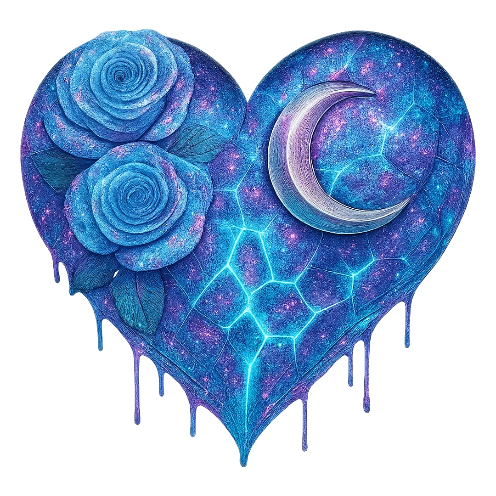 Add much more holographic stardust to the gothic heart with splintered light blue glass, silver crescent moon, light blue roses, neon lightning, and a wet look. Keep the background transparent. sticker