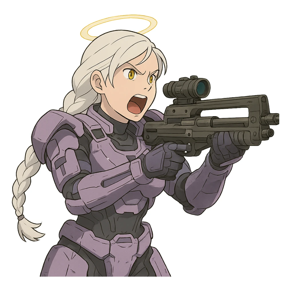 female, wearing reach spartan armor default, long white braid hair, gold yellow eyes, attention pose, halo series, no helmet, the armor is lavender color scheme, shoulder pad off. DDD bust size fitting. Punk gothic cyberpunk, brandishing a dmr, aiming down the sights and yelling sticker