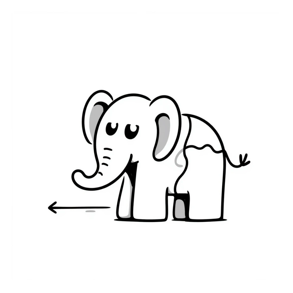 A hand-drawn wooden puzzle elephant toy with a silly cute expression and puzzle piece joints sticker