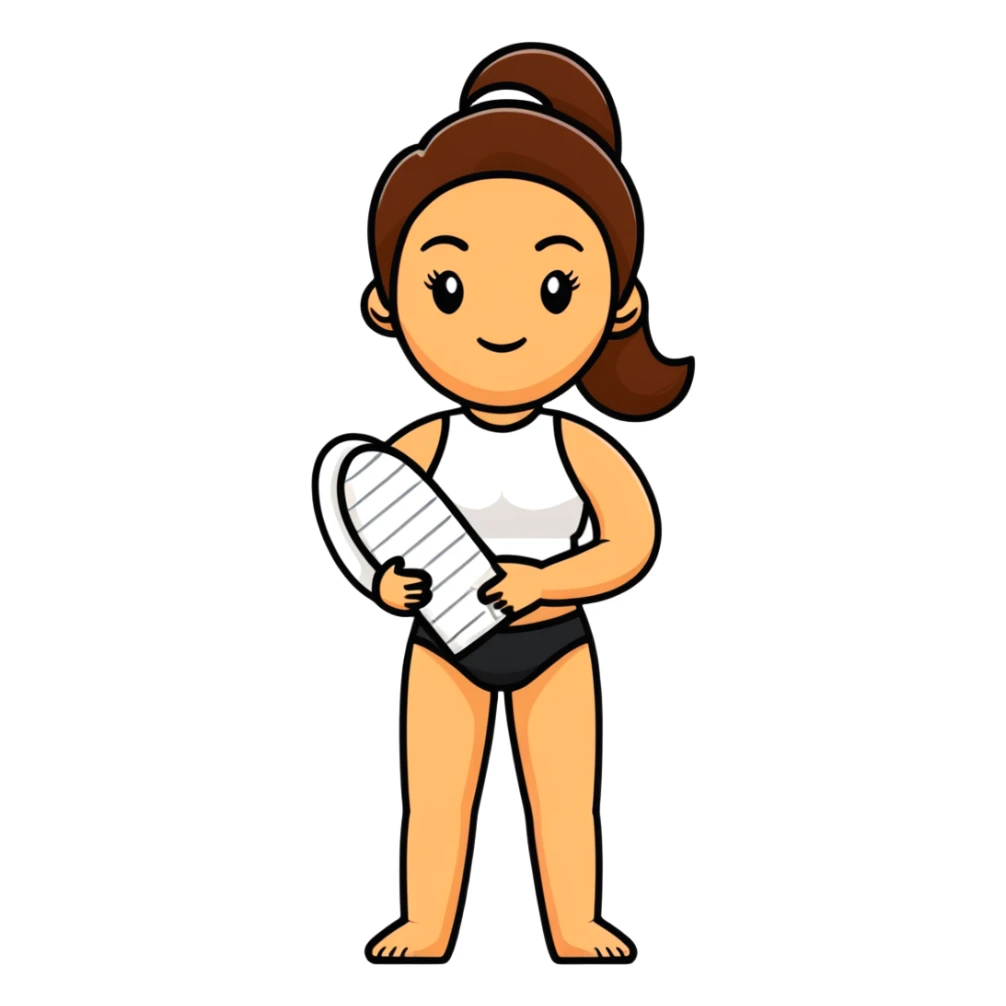 light skintone woman with brown hair holding a tanning mitt sticker