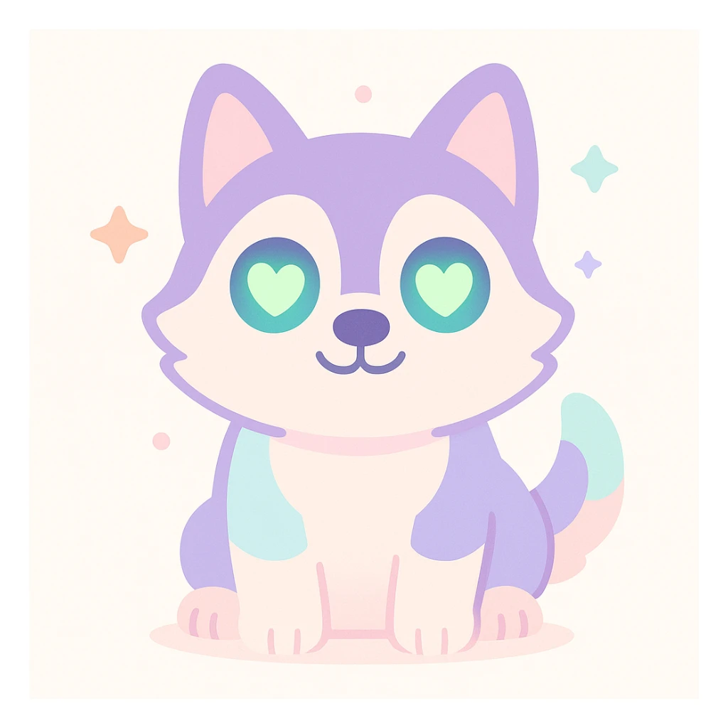 playful cartoonish husky with glowing green heart-shaped pupils sticker