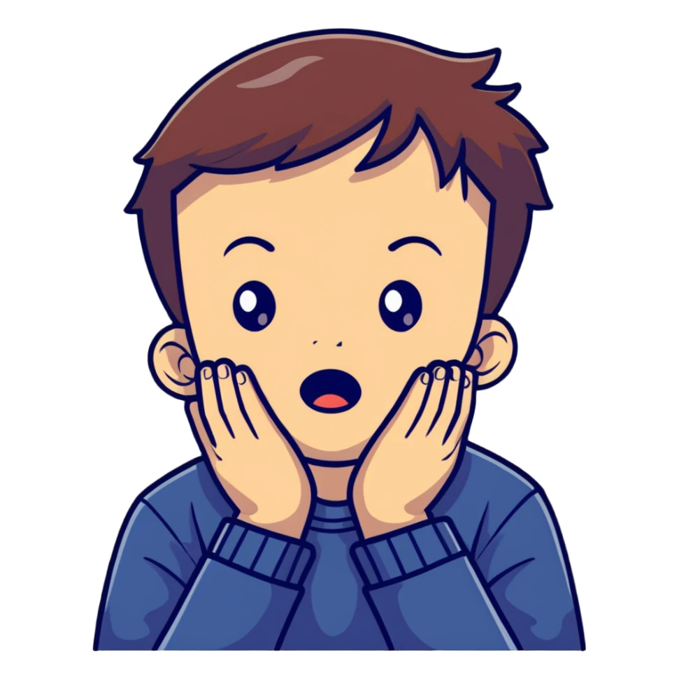 A young boy with both hands pressing on his cheeks, looking amazed or shocked sticker