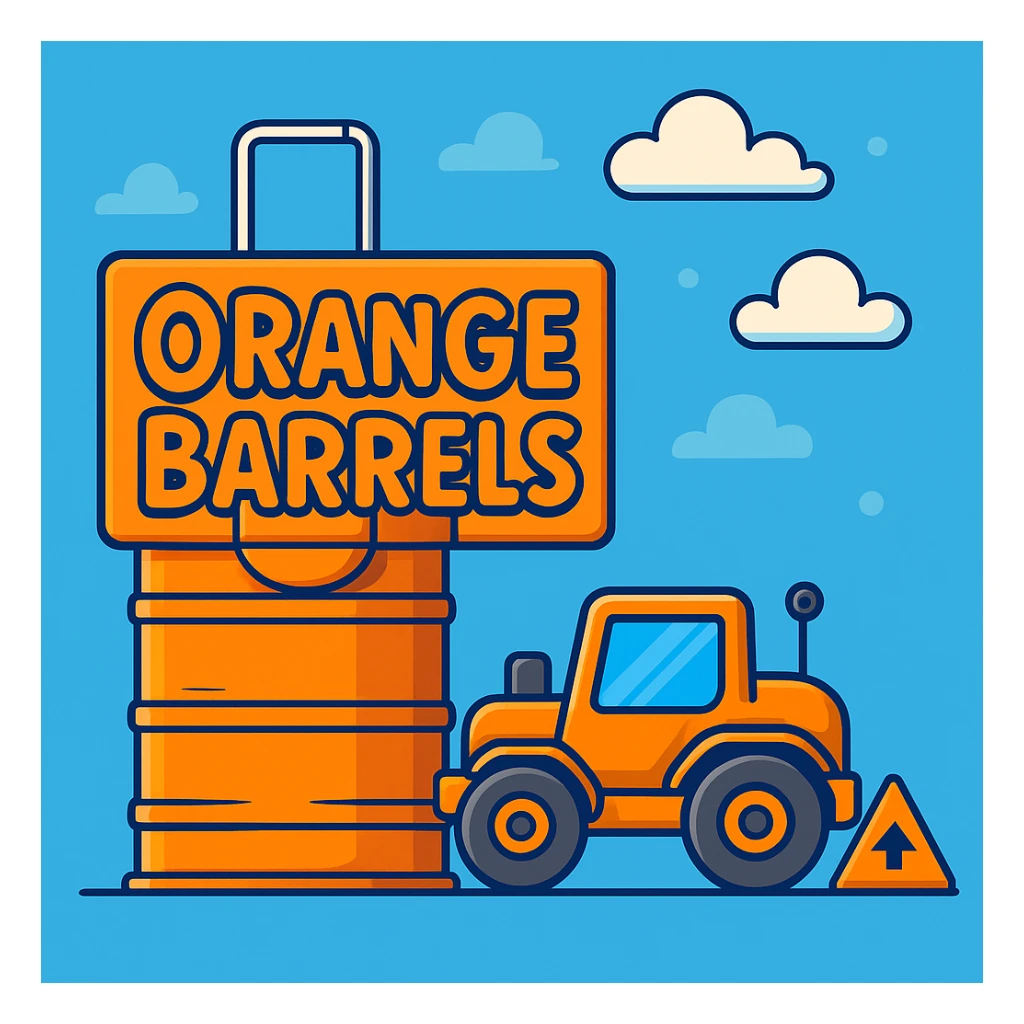 Add a sign next to the orange road construction barrel that says 'Orange Barrels' in a playful cartoon font. Keep the bright, fun background. sticker