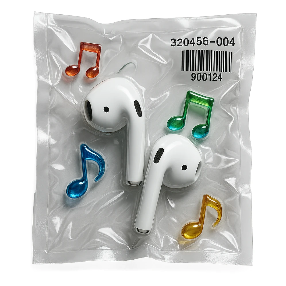 white EarPods headphones with three small rainbow glass music notes arranged around, glossy sticker