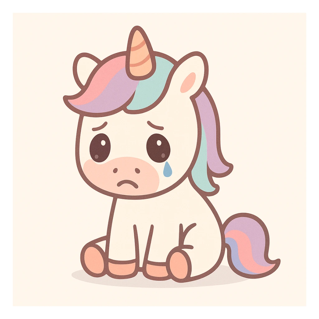 a depressed unicorn with slouched posture and a teardrop, pastel tones, minimal background sticker