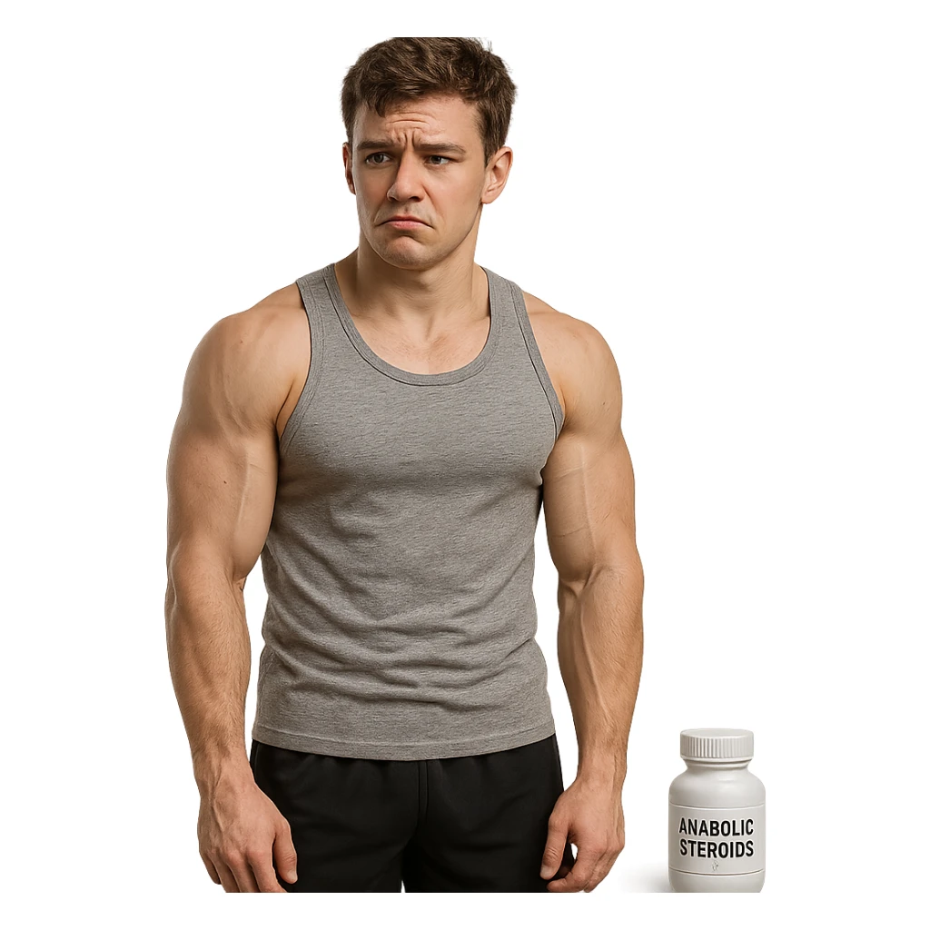 young inexperienced bodybuilder with developed but not extreme muscles, rigid posture, doubtful look, sportswear, bottle of anabolic steroids nearby, realistic details, isolated on white background sticker