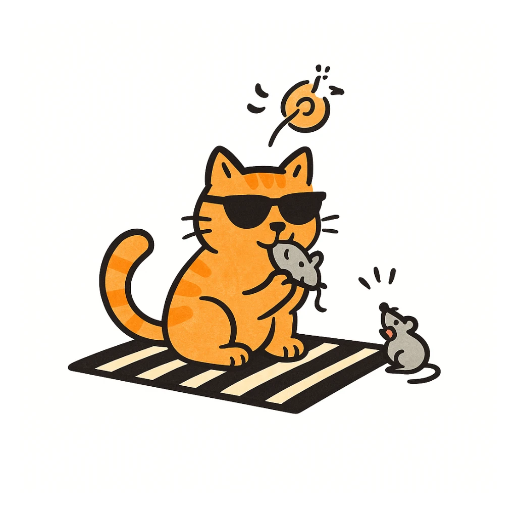 Make the cat orange, keep the hand drawn doodle style, cat wearing sunglasses and eating a mouse. The style should resemble notion style hand drawn doodles. sticker