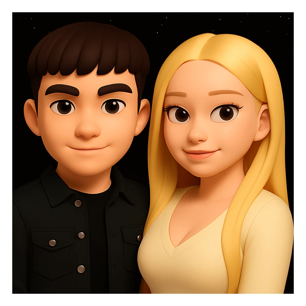 Make the upper body of the girl slightly more voluminous for a more balanced silhouette, without changing the boy. Preserve the 3D emoji style and the overall look of the characters as much as possible. sticker