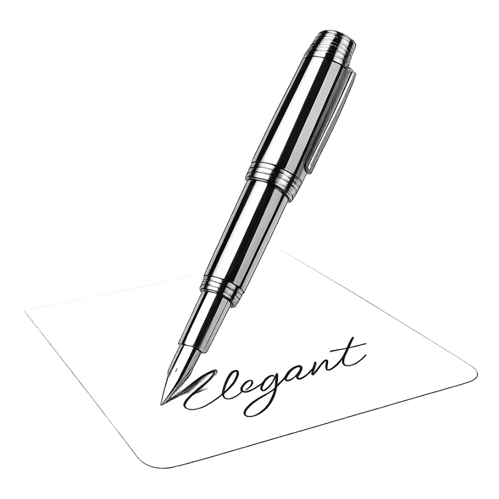 chrome style hand writing with a metallic pen on a piece of paper, highly reflective and polished sticker