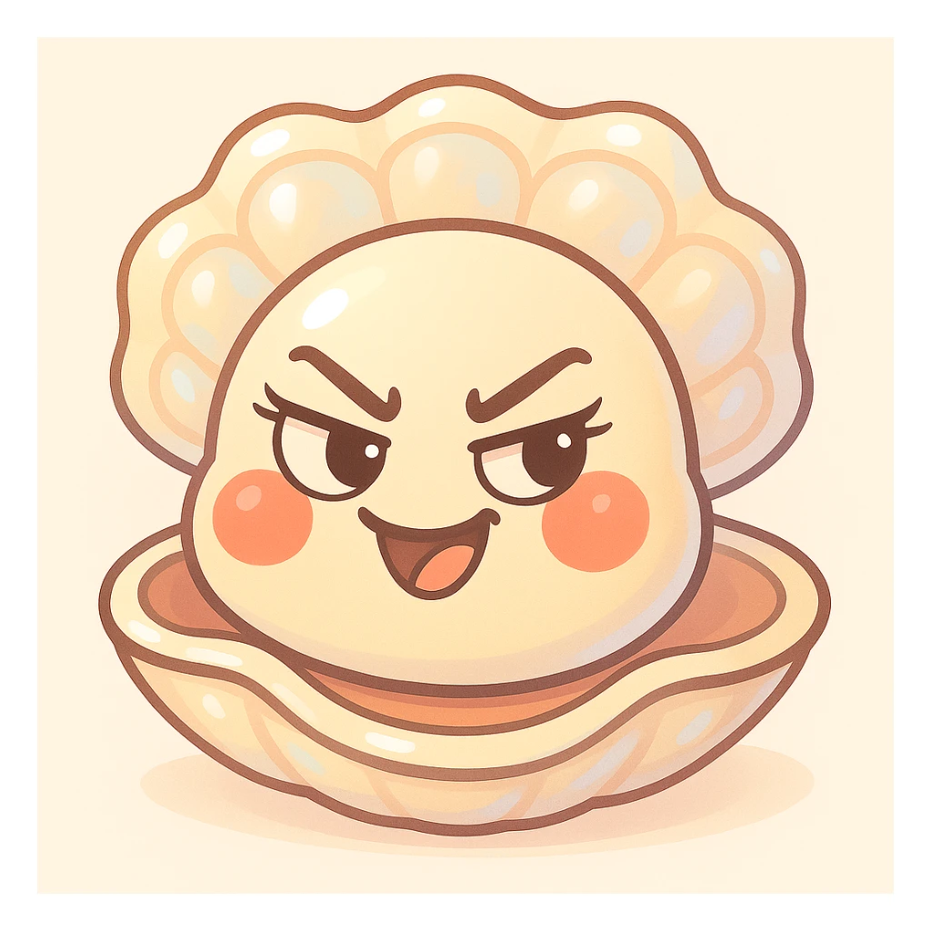 Enhance the cute oyster by making the pastel background more subtle and luminous, adding pearly reflections on the shell, accentuating the softness of the red cheeks, enriching the pastel toon details, keeping the mischievous expression, preserving the creamy, peach, and greige texture, emphasizing the volume of the shell, and adding pretty eyelashes. sticker