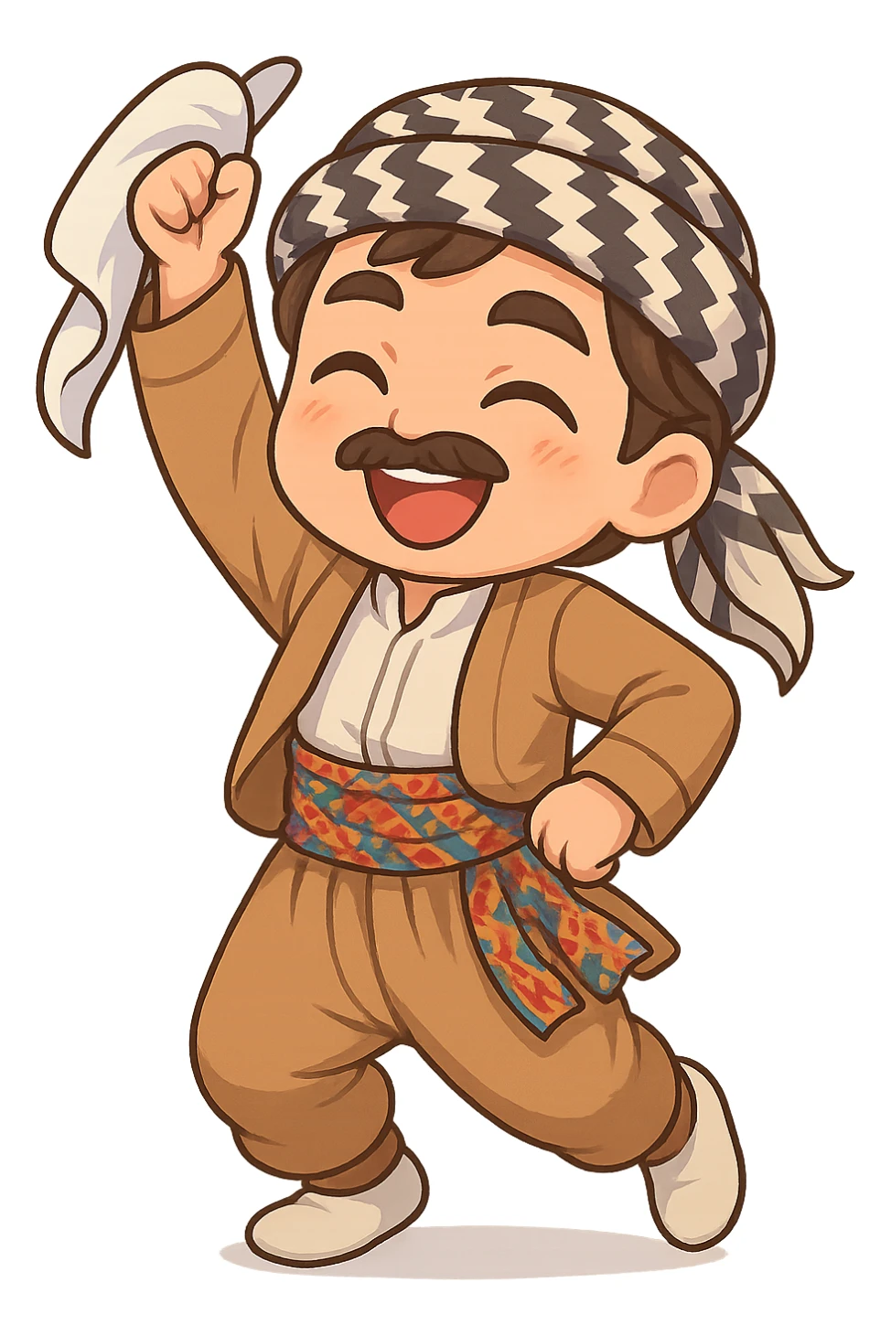 Create a colorful and cheerful Kurdish cartoon sticker in chibi style. Show the traditional Kurdish clothing and a dancing pose. The background should be transparent. Suitable for WhatsApp and Instagram. sticker