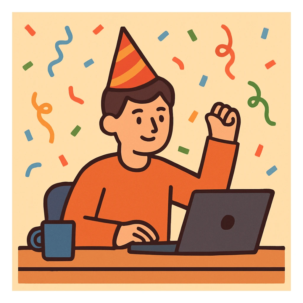 flat toon style person at desk with party hat, confetti in background sticker