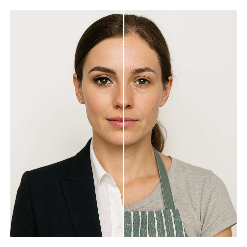 hyper realistic split-image of a beautiful woman, one half of her face with professional makeup and business office attire, the other half natural and makeup-free, wearing a kitchen apron like a homemaker, symmetrical composition, white background, clear contrast between the two roles sticker