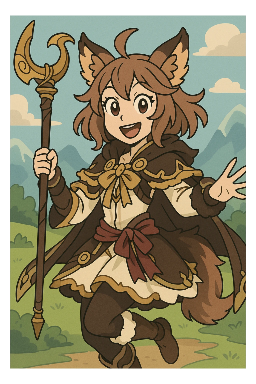 Andira from Granblue Fantasy, anime style, dynamic pose, staff visible, smiling, ornate outfit, animal ears, fantasy background sticker