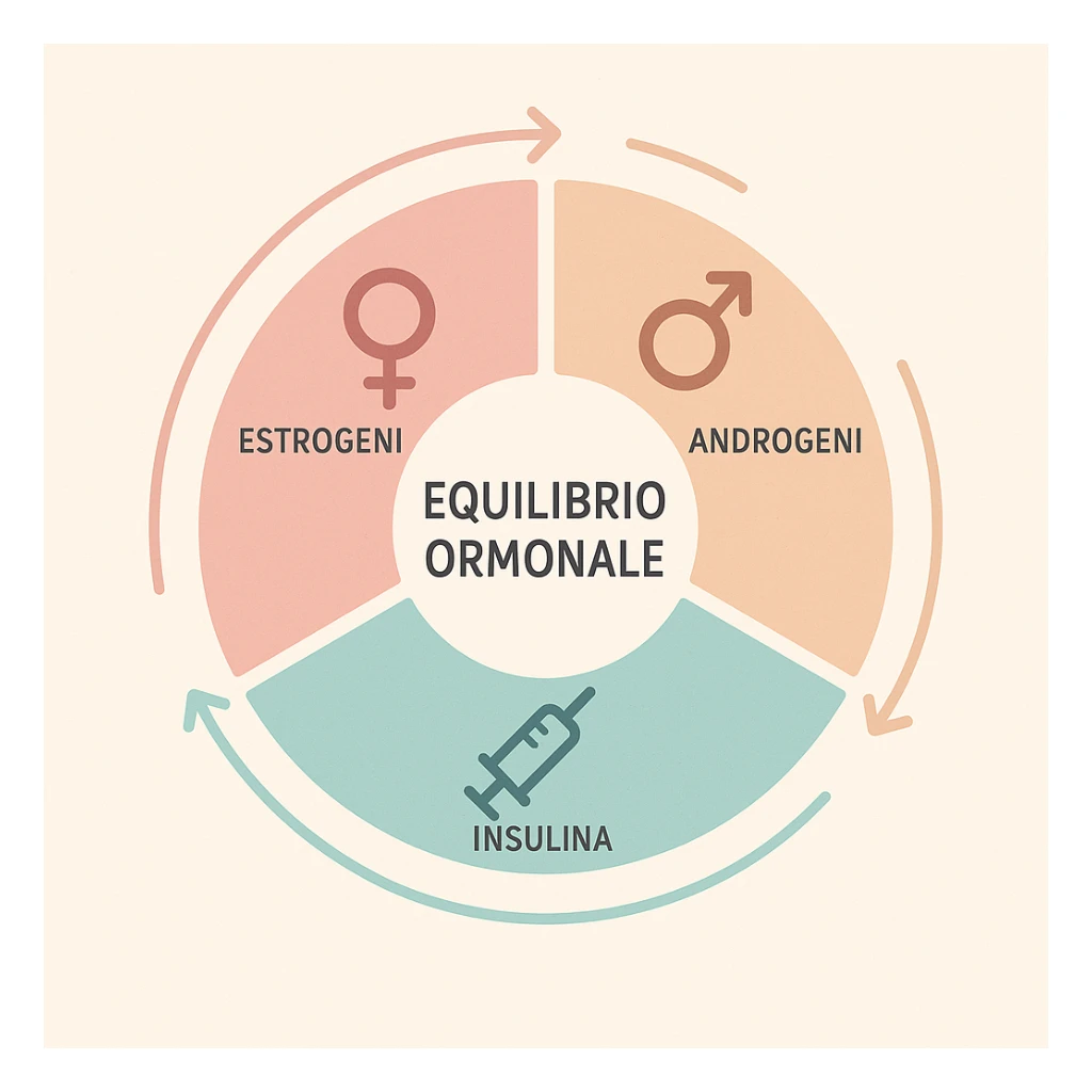 infographic with pie chart, center text 'Equilibrio Ormonale', surrounding icons of key hormones (estrogen, androgens, insulin), arrows connecting phases, clean style, pastel colors sticker