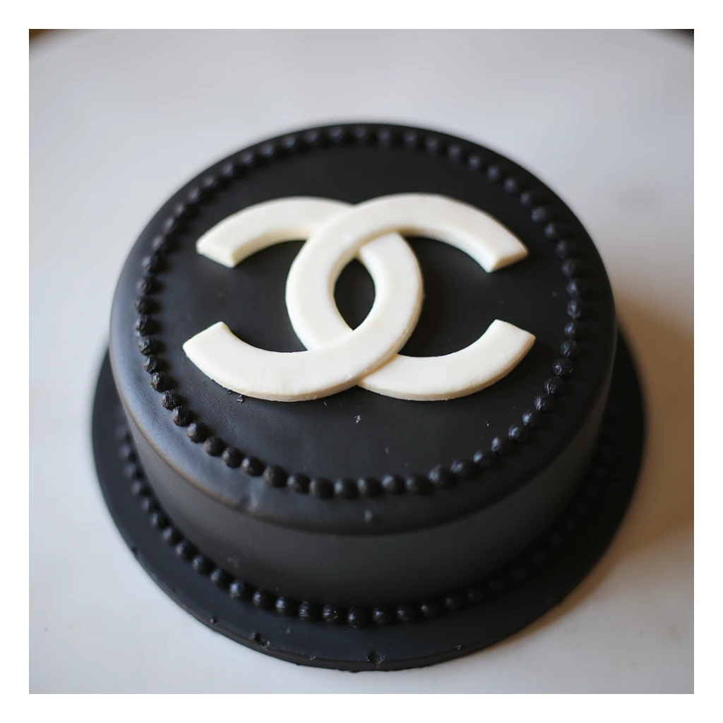 photorealistic round cake with a large edible Chanel logo on top, black and white theme, no background sticker
